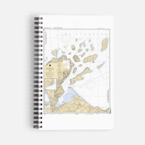 Perfect for all of your notes and to remind you of your connection to the Apostle Islands! Waterproof cover features a topographic map of the Apostle Islands Lined 160 pages Lay-flat spiral binding 5.5" x 8.5"