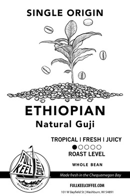 A ray of fruity sunshine for a nice light summer sipper, so we sourced a wonderful single origin natural process Ethiopian Guji.  A light, smooth juicy body with heavy fruit aroma and a cherry sweetness.  Roasted in Washburn Wisconsin by Full Keel Coffee